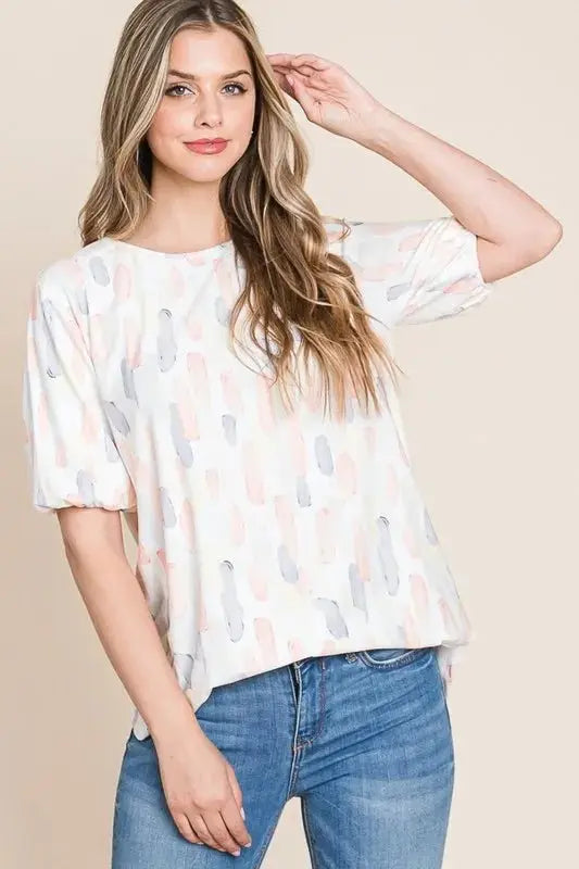 BOMBOM Round Neck Puff Short Sleeve Blouse for Women - Love Salve